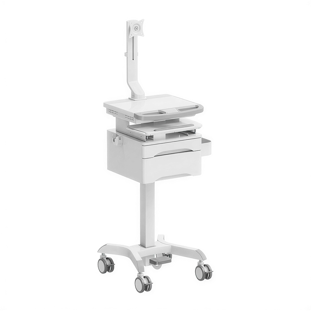 Cărucior medical compact cu braț pentru monitor și sertare